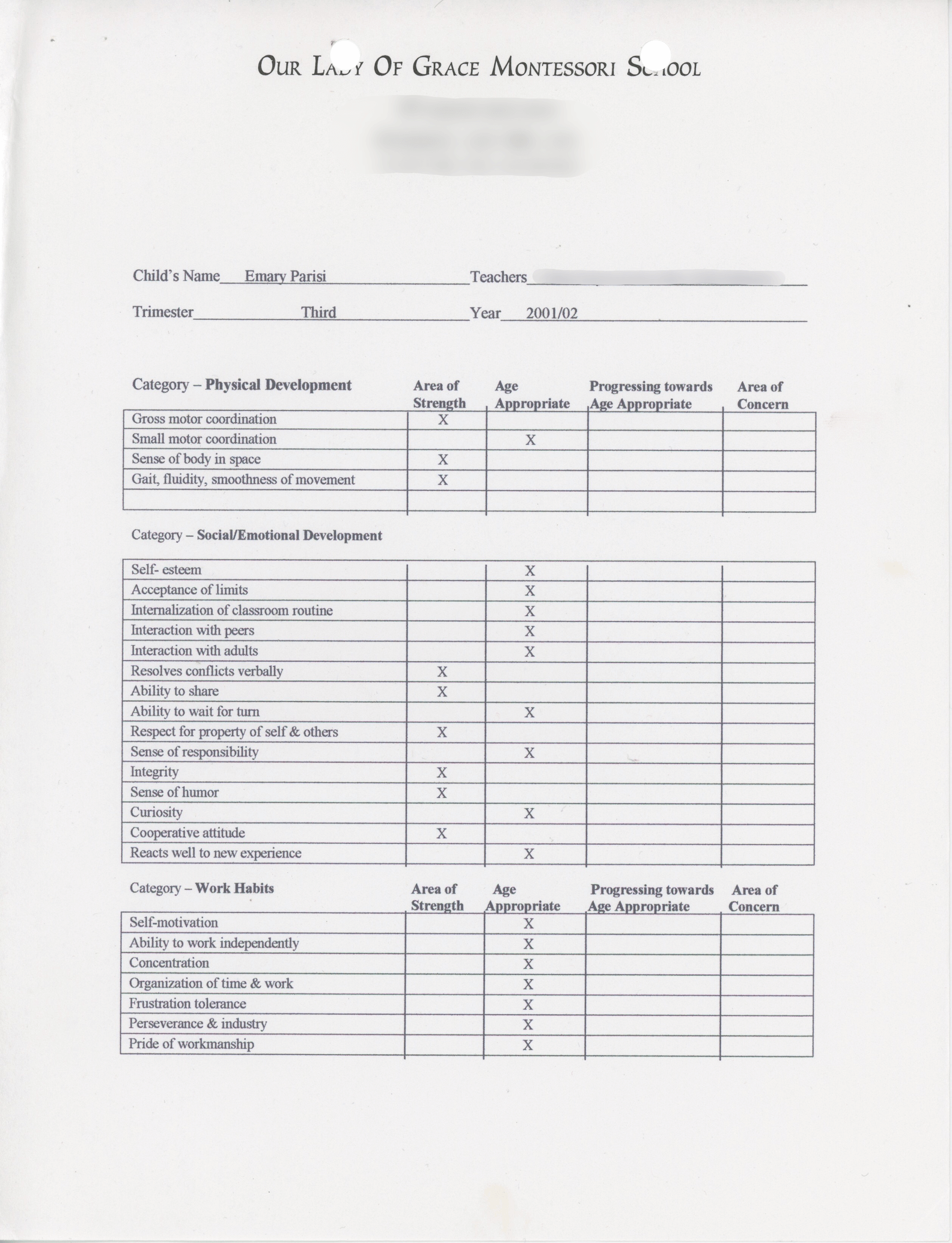 Our Lady of Grace Montessori School third trimester report card from 2001/02, page one. Of the 26 boxes within the three categories: Physical Development, Social/Emotional Development, and Work Habits- 9 of them are marked as an 'area of strength', while 17 are marked as 'age appropriate'. 