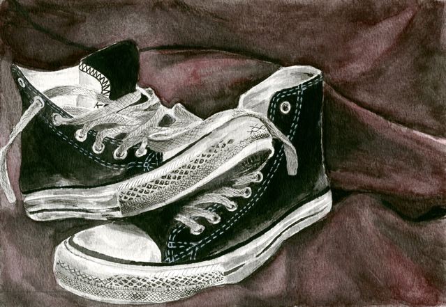 A watercolor painting of black and white hightop converse.