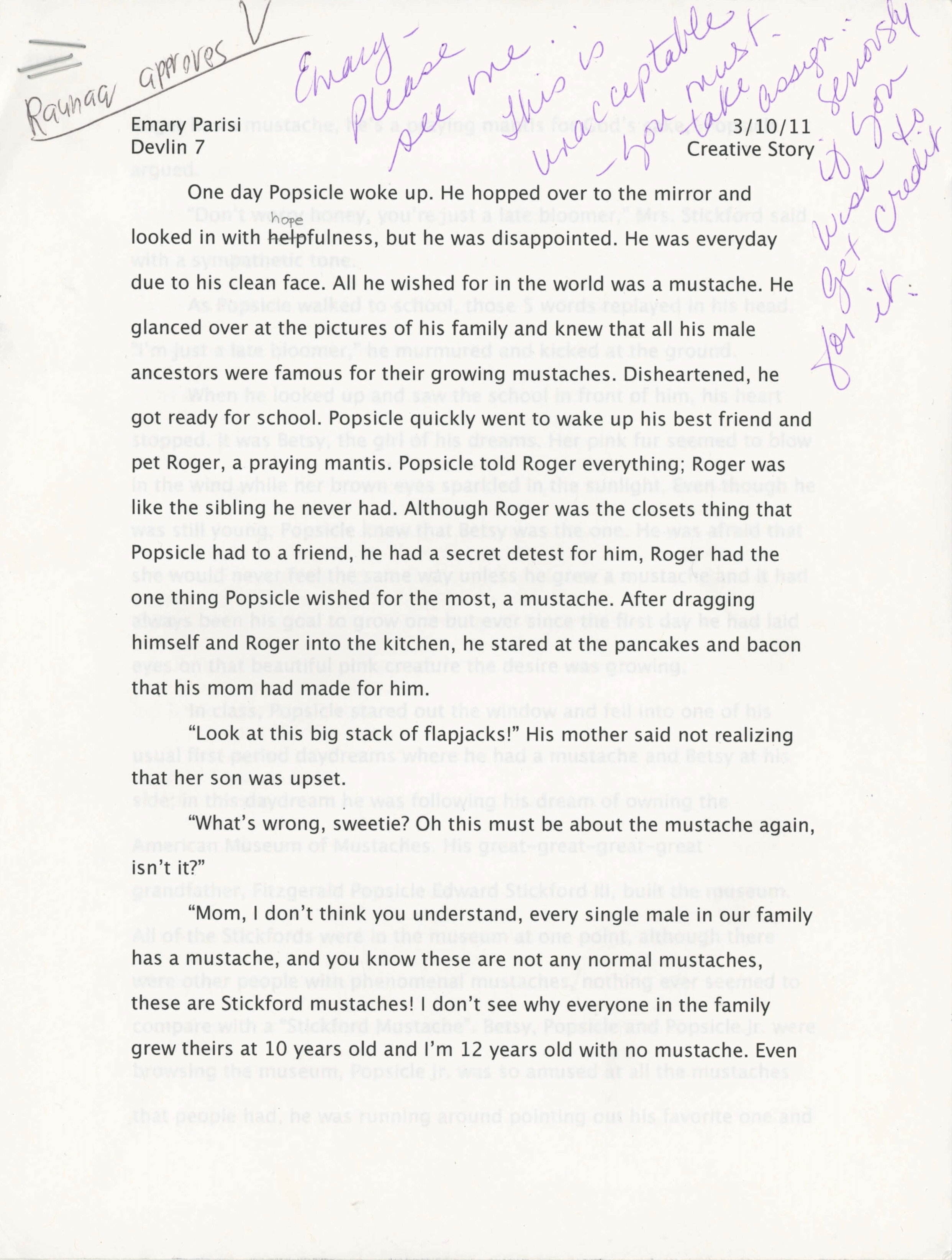 The first page of a draft for a creative story written on March 10th, 2011, for English class. Handwritten in purple is a note from the teacher: 'Emary- Please see me.. this is unacceptable- you must take assignment seriously if you wish to get credit for it.' This teacher told my mother I had no filter and that she had never taught a more disrespectful student in her life. She accused me of keying her car, an false accusation.