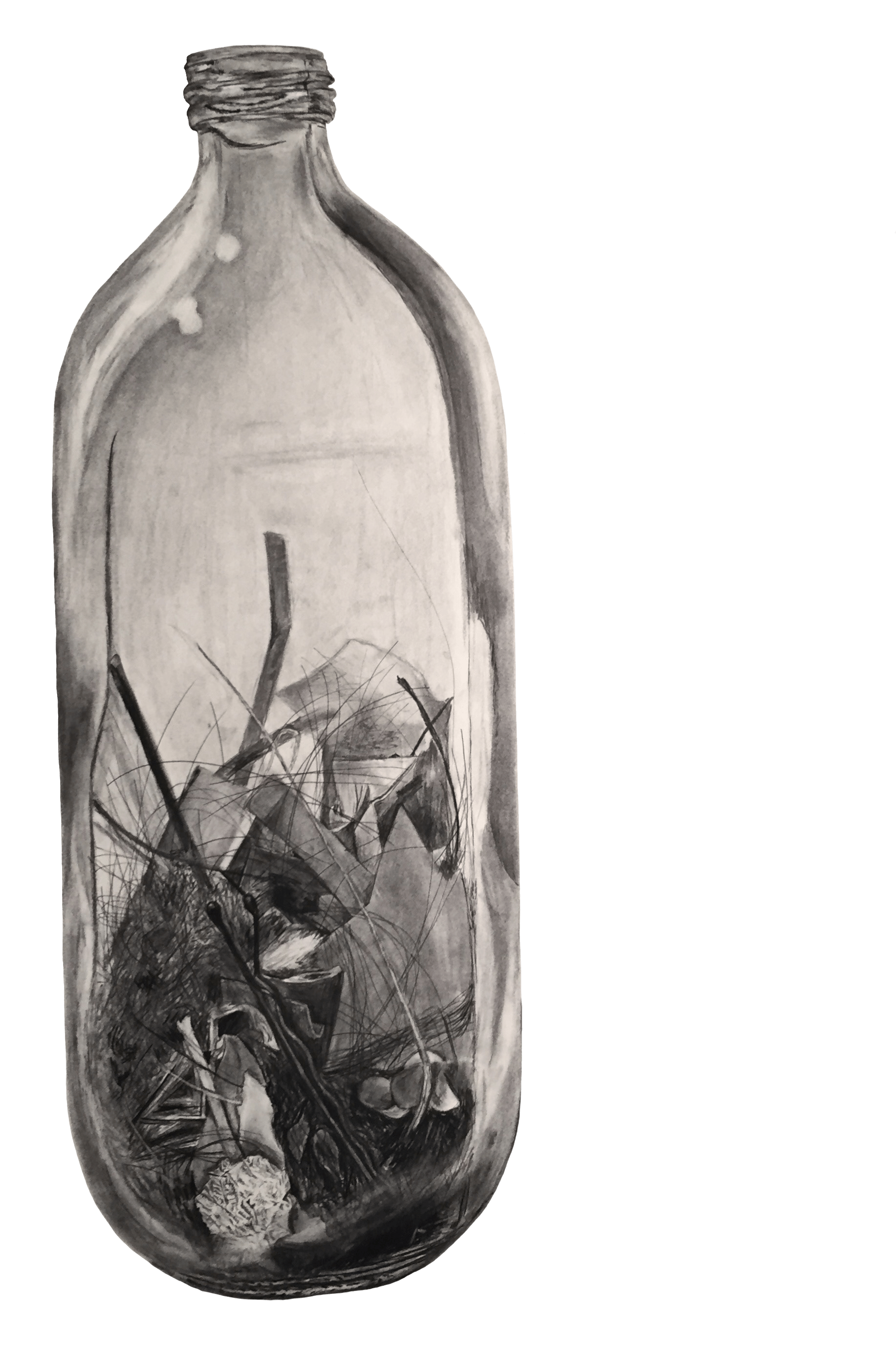 First assignment in art school: a nonrespresentational self portrait. The drawing is of a bottle with holds dirt, it is done in charcoal.