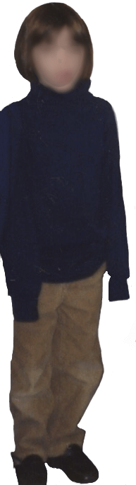 A photo of me from chess club, sporting a navy turtle neck and khaki corduroy pants, my face is blurred.