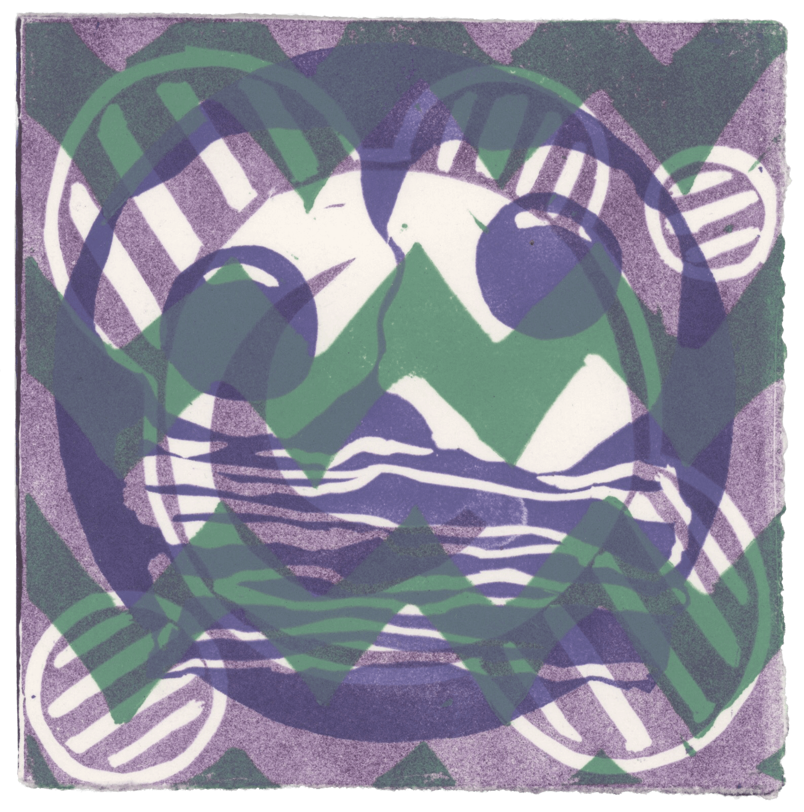 Three linocut blocks ontop of one another. My finger tip got caught and ripped off in the printing predd from this print. A collaboration between Amani Lewis, Alec Cerminaro, and I.