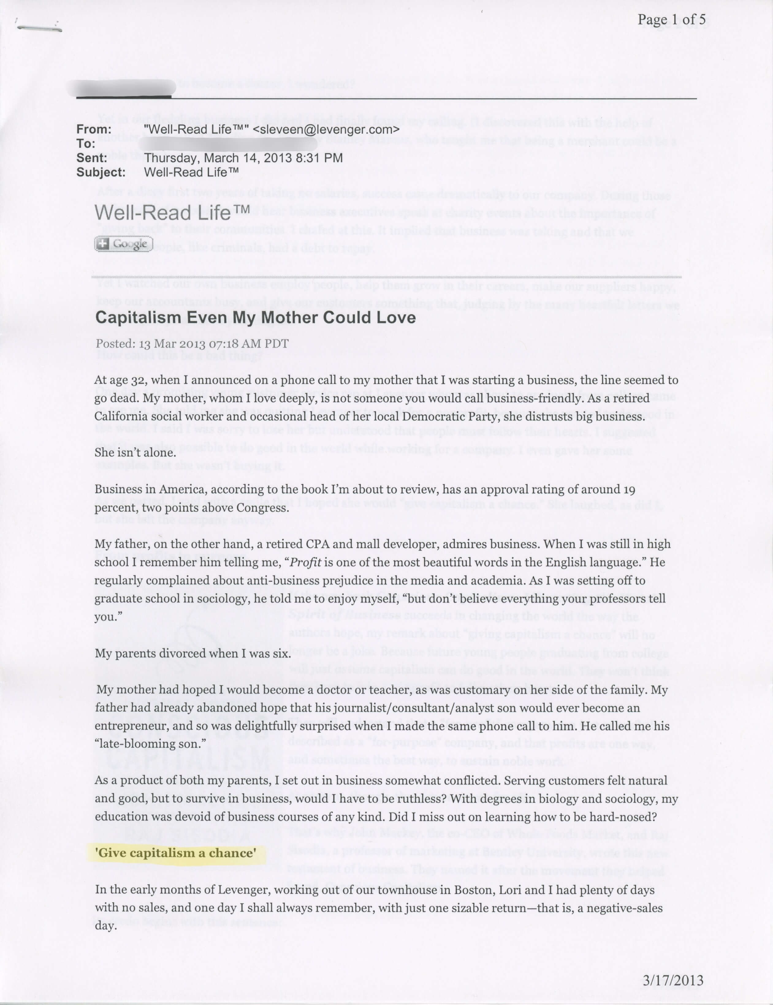 The first of five pages from the piece written by the CEO of Levenger. Highlighted are the words 'Give capitalism a chance.'