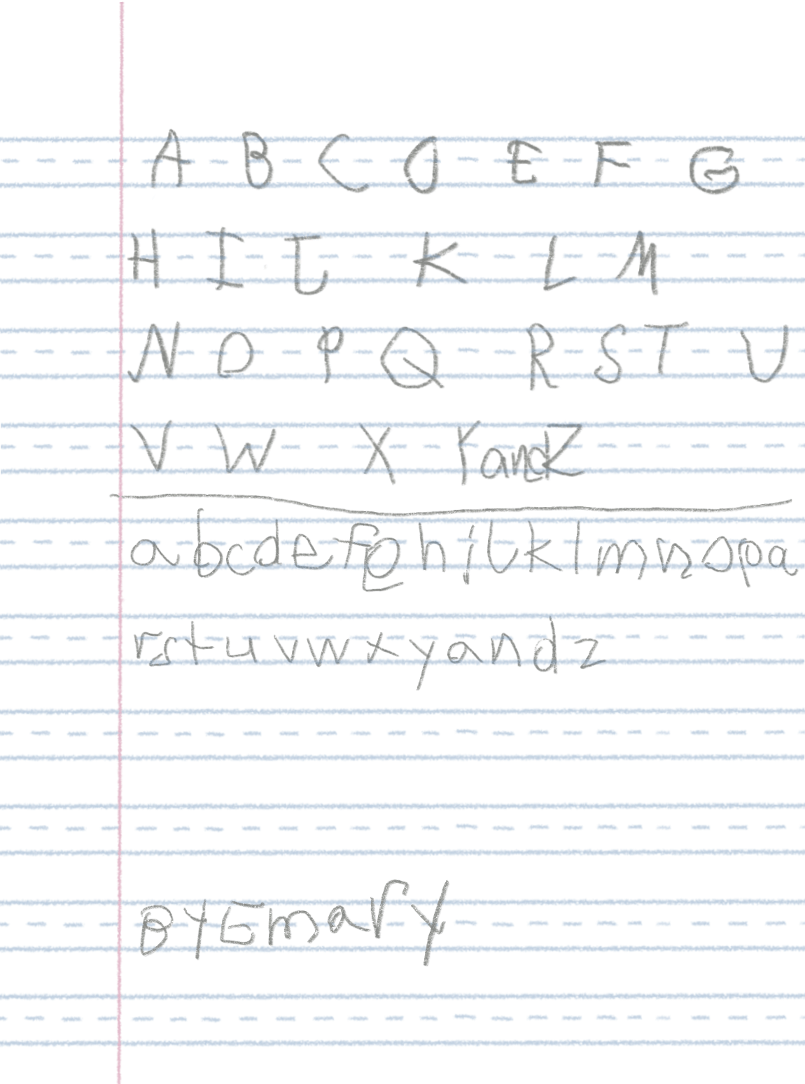 On loose leaf paper in the handwritting of a 6 year old the alphabet is laid out, the first four lines are UPPERCASE, there is horizontal line break, the next two lines are the alphabet in lowercase. Both alphabets end with 'y and z' with the and written out. The bottom of the paper says 'By Emary'.