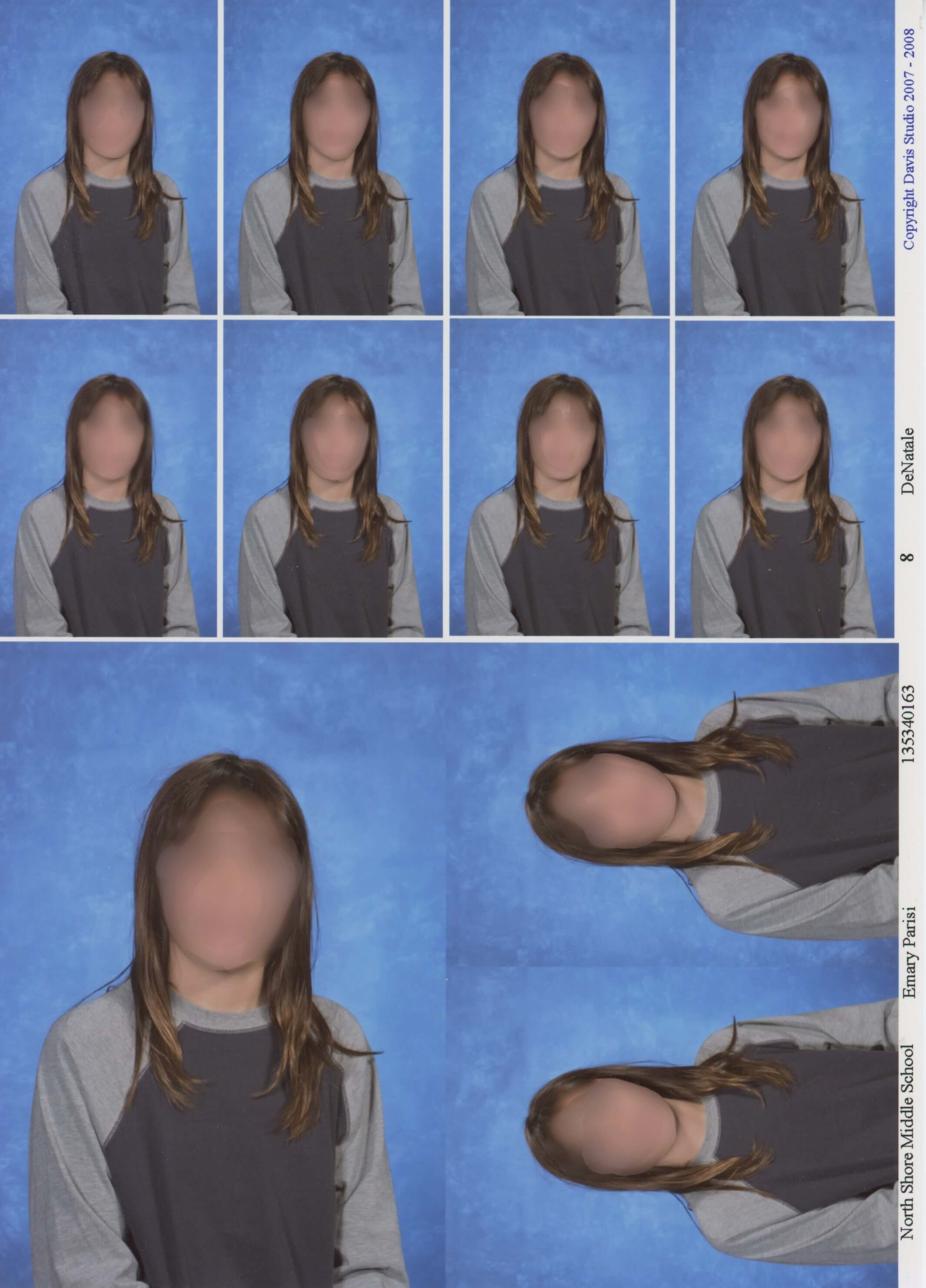 My 8th grade picture day photo sheet. I am wearing a 3/4th sleeve baseball shirt in blue with gray sleeves. My hair is long.
