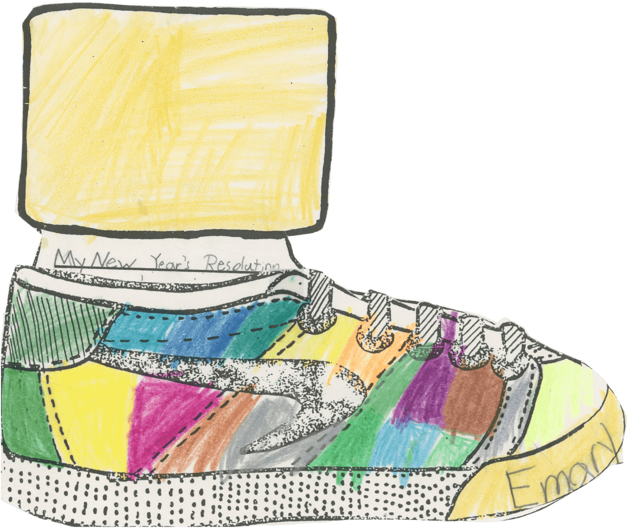 a cut out paper sneaker with the nike check upside down, the paper is colored rainbow-ish with colored pencil. 'Emary' is written on the toe of the shoe. the paper sneaker sits on top of piece of paper cut out to be the cuff of a pant a foot-in-sock. the words 'My New Years Resolution' are visible