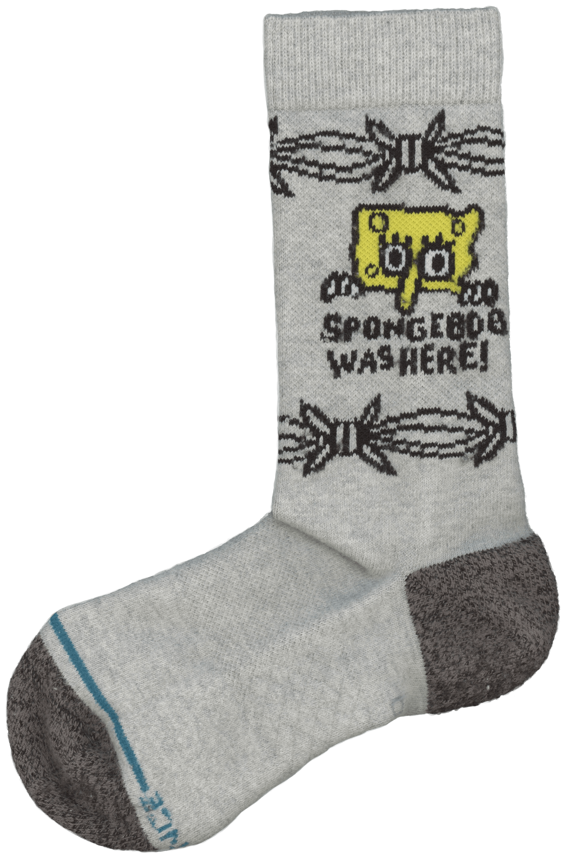 a grey sock, on it pictures barbed wire framing half of spongebobs face, under reads 'spongebob was here!', purchased at Vu Skate Shop in 2021