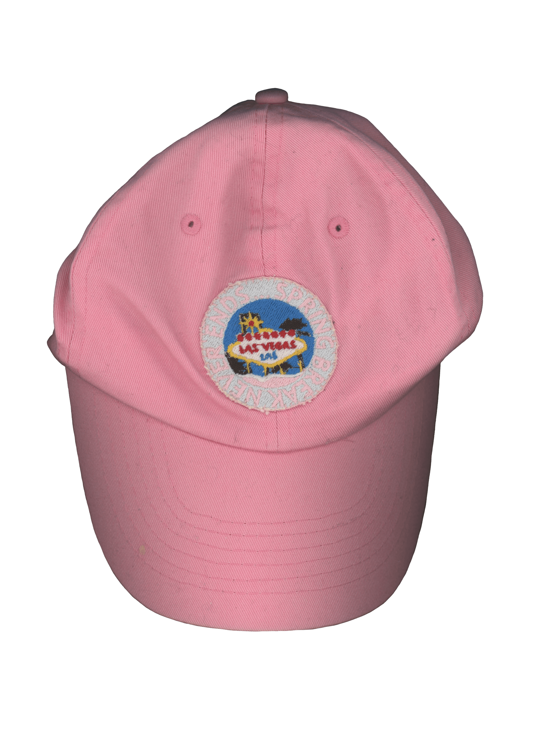 a pink baseball cap, with a custom embroidered patch in the center. the patch pictures the 'Welcome to Fabulous Las Vegas' sign with '2018' written in it, it has a border which reads 'SPRING BREAK NEVER ENDS'...this is 1 of 4 caps, made by yours truly for a spring break trip to Las Vegas